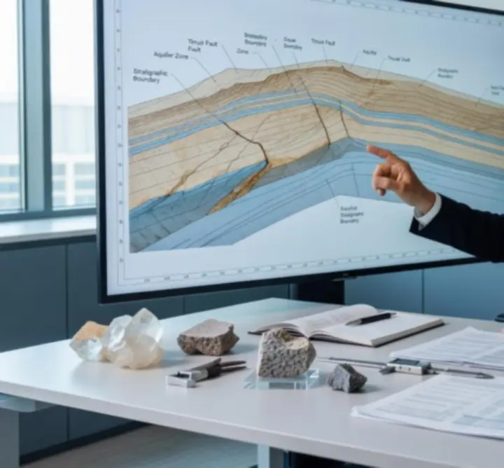 Consultant analysing a geological cross-section and subsurface model