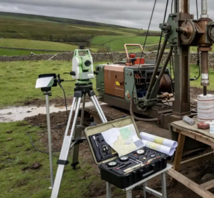 Drilling operations and terrain mapping during a geotechnical site investigation