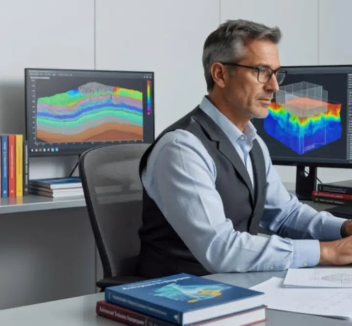 Consultant analysing geoscience data on multiple screens
