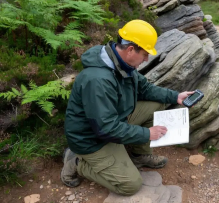 Geoscience team conducting geological surveying and core logging in the field.