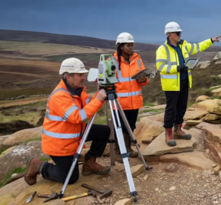 Geoscience field team conducting a topographic survey