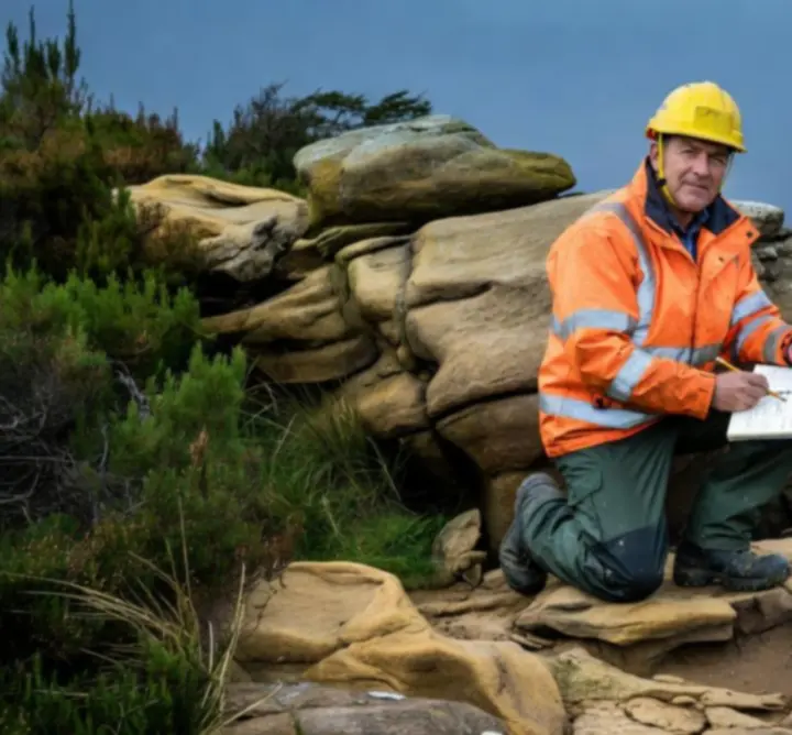 PIRAN GEOSCIENCE consultant conducting geological fieldwork on exposed strata