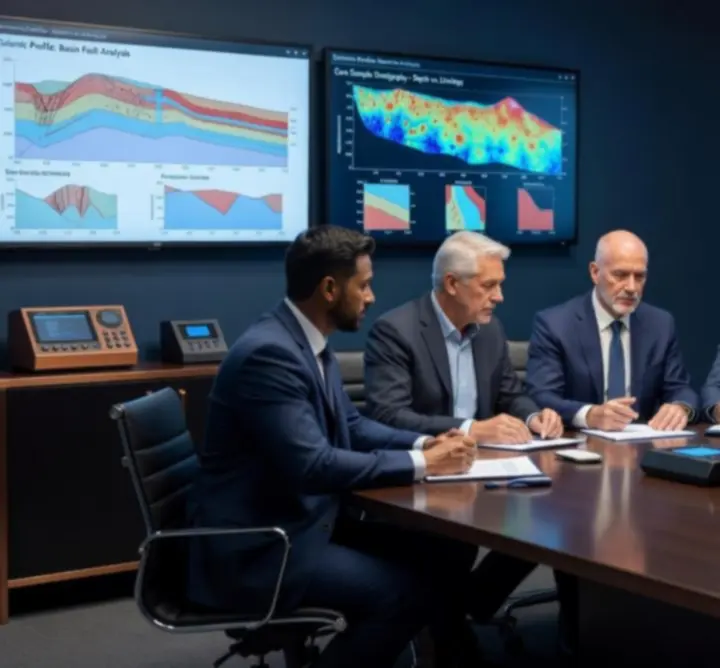 Consultants reviewing geological and engineering data in a technical workshop setting.