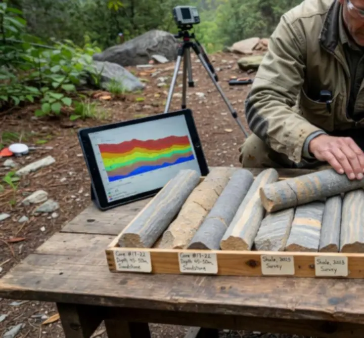 Rock core samples and digital terrain mapping used for subsurface interpretation