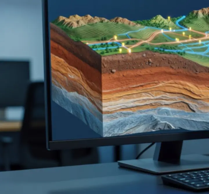 3D subsurface geological model visualisation showing stratigraphy and infrastructure alignment